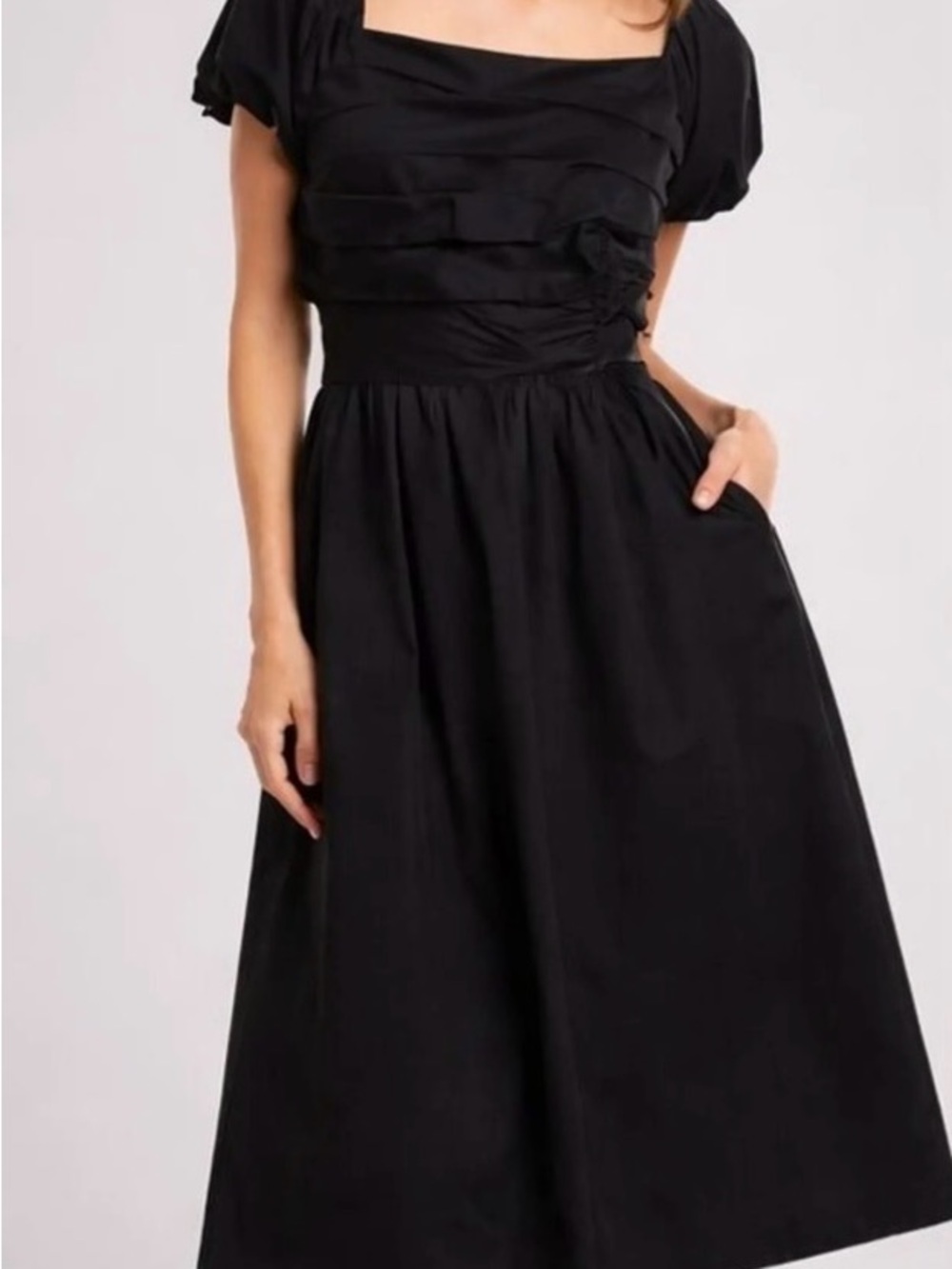Elie Tahari Black Square-Neck Midi Dress with Puff Sleeves and Layered Bodice